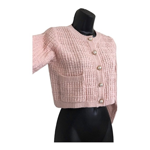 Jessica Simpson pink textured knit pearl button crop cardigan sweater jacket - Picture 13 of 15